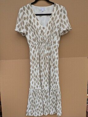 Pink Diamond Floral Block Print Midi Dress Small Smocked Waist Cottagecore Boho